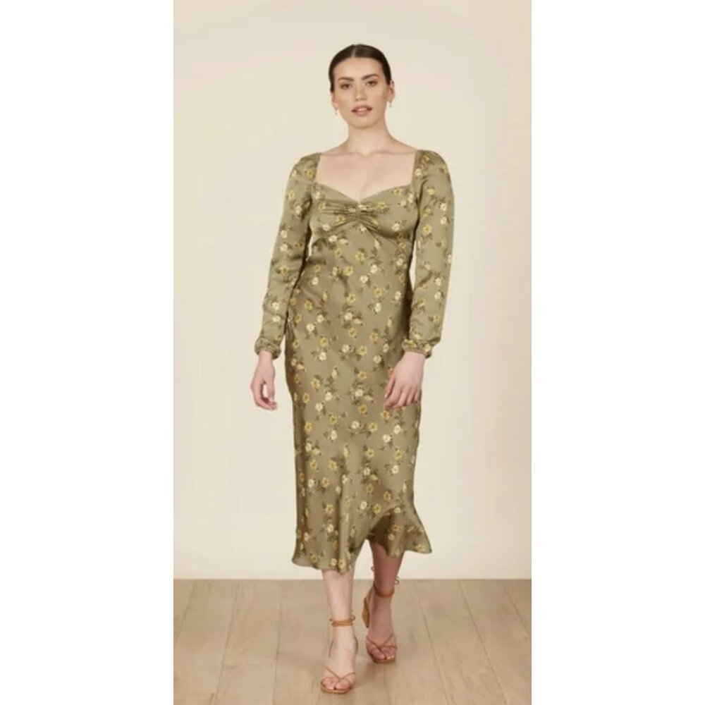 PARK & FIFTH Galliano Olive Green Floral Satin Dress Wedding Cocktail - Size M
